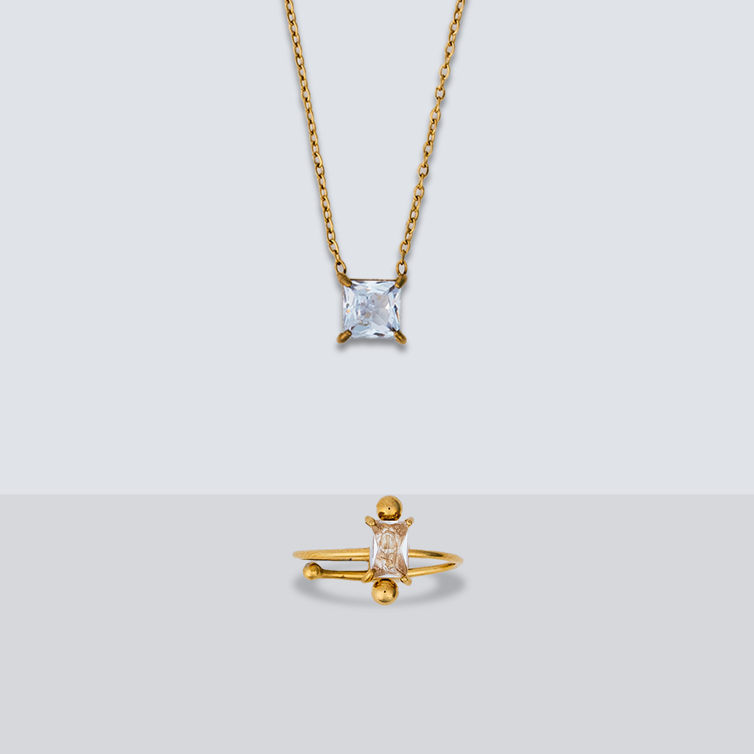 Baguette Solitaire Ring & Crystal Cube Necklace