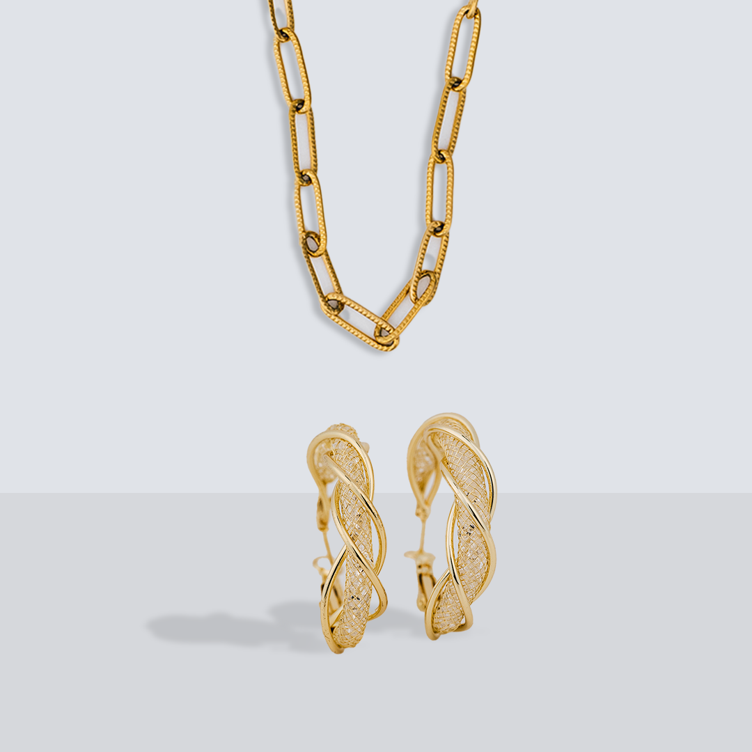 Twisted Hoop Earrings & Paperclip Chain Necklace