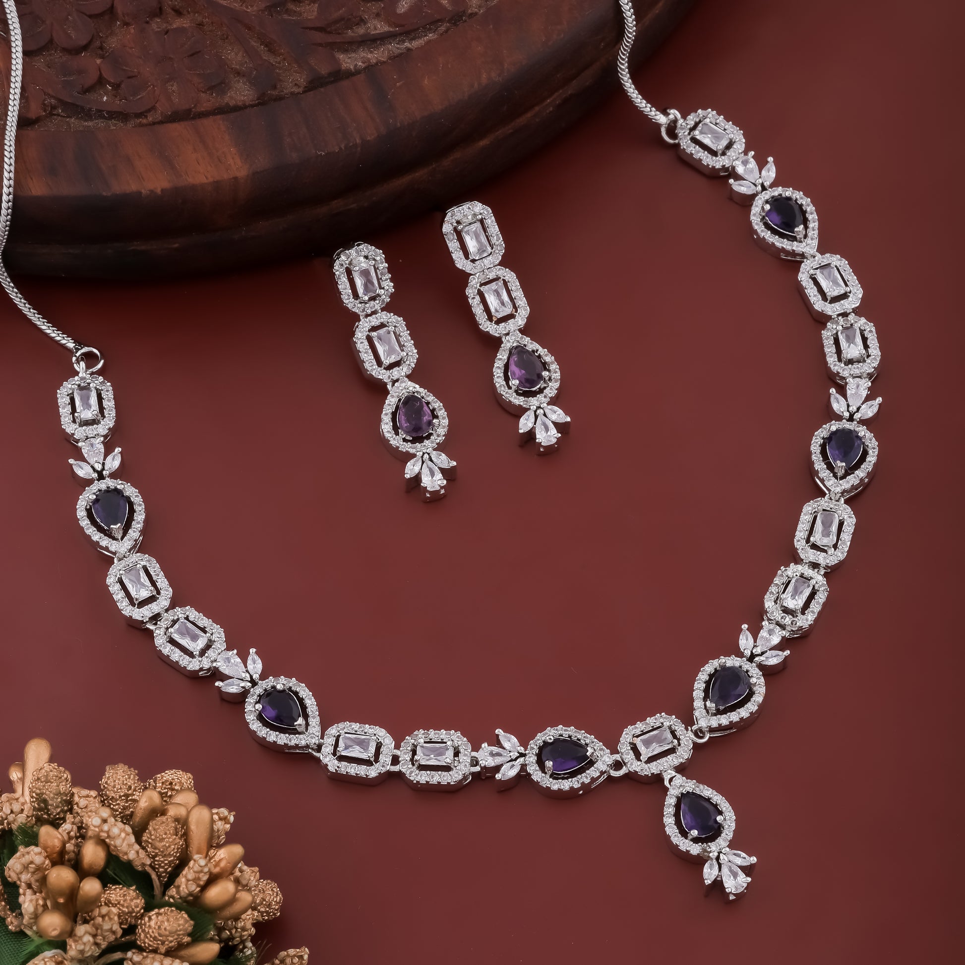 Imperial Rhodium Plated Emerald Blue AD Necklace Set