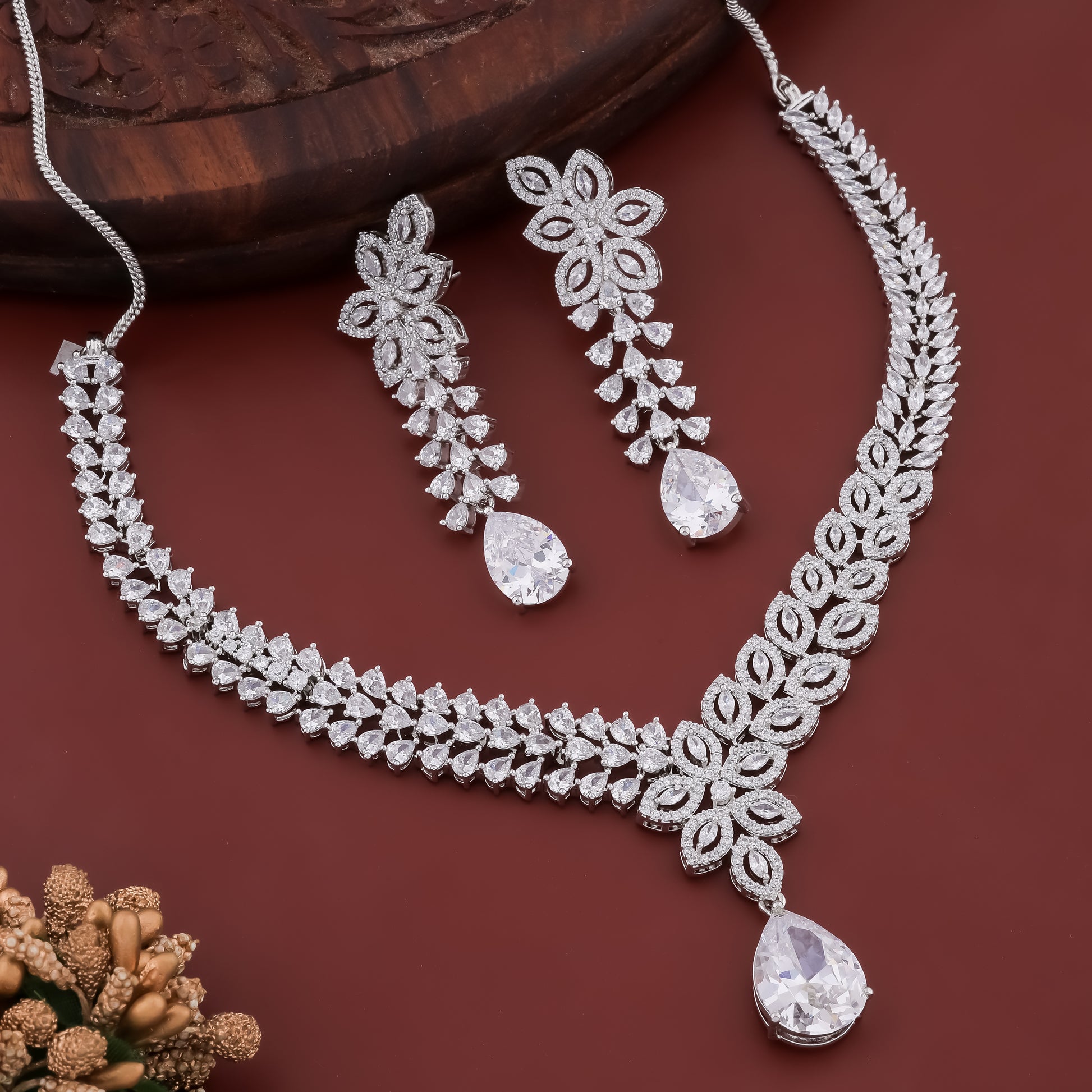 Serene Rhodium Plated AD & Cubic Zirconia Studded Luxurious Necklace Set