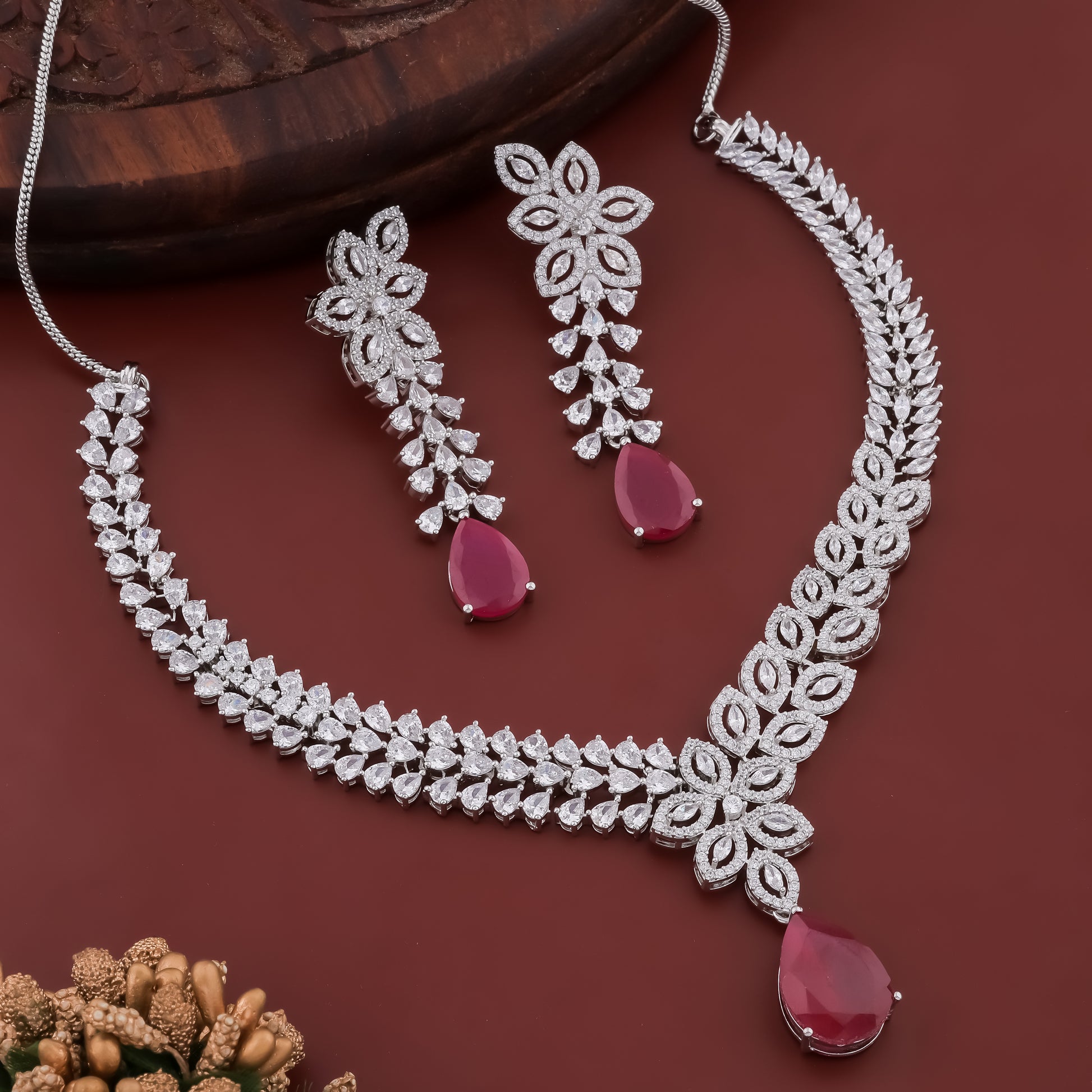 Serene Rose Red Zirconia Studded Luxurious AD Necklace Set
