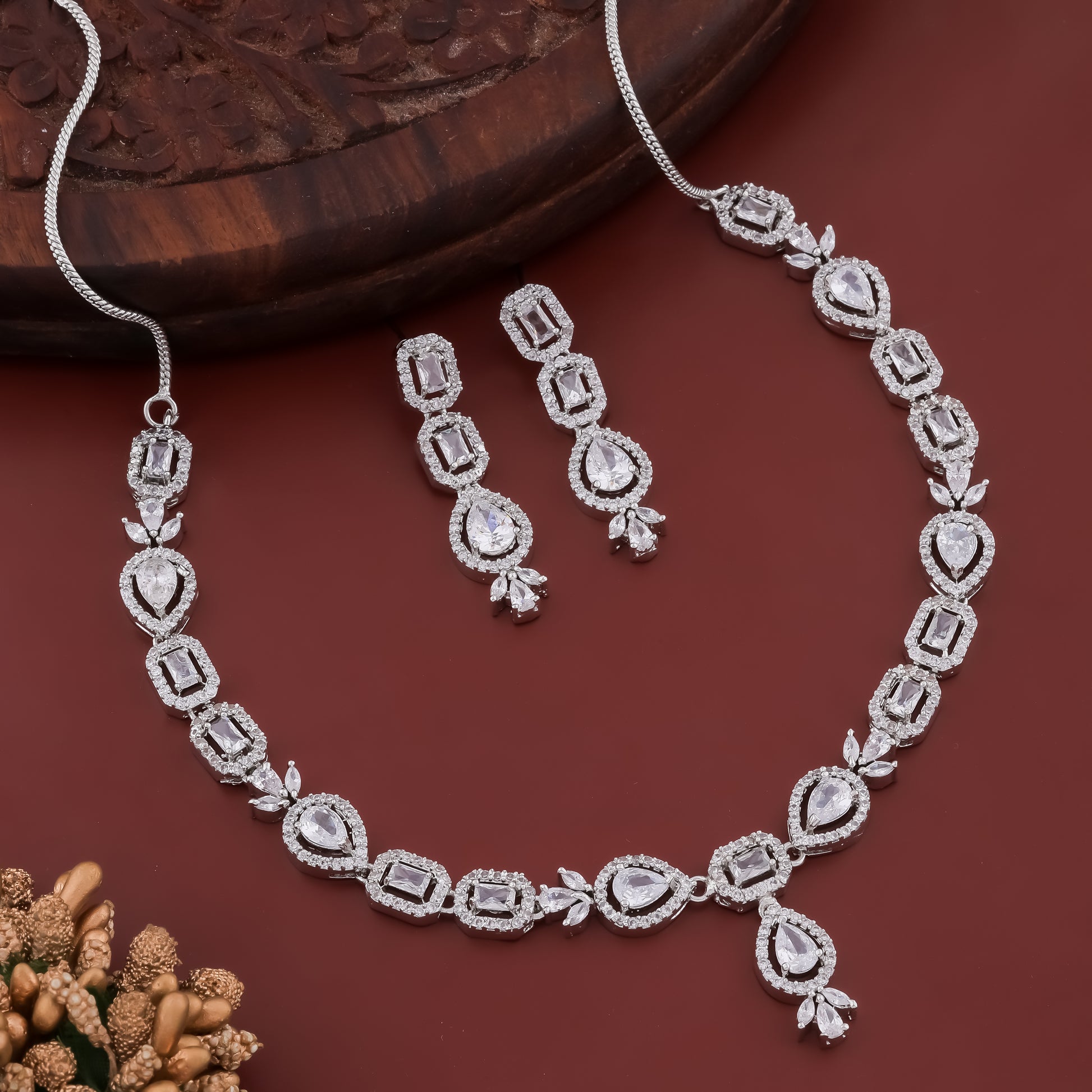 Imperial Rhodium Plated Emerald AD Necklace Set