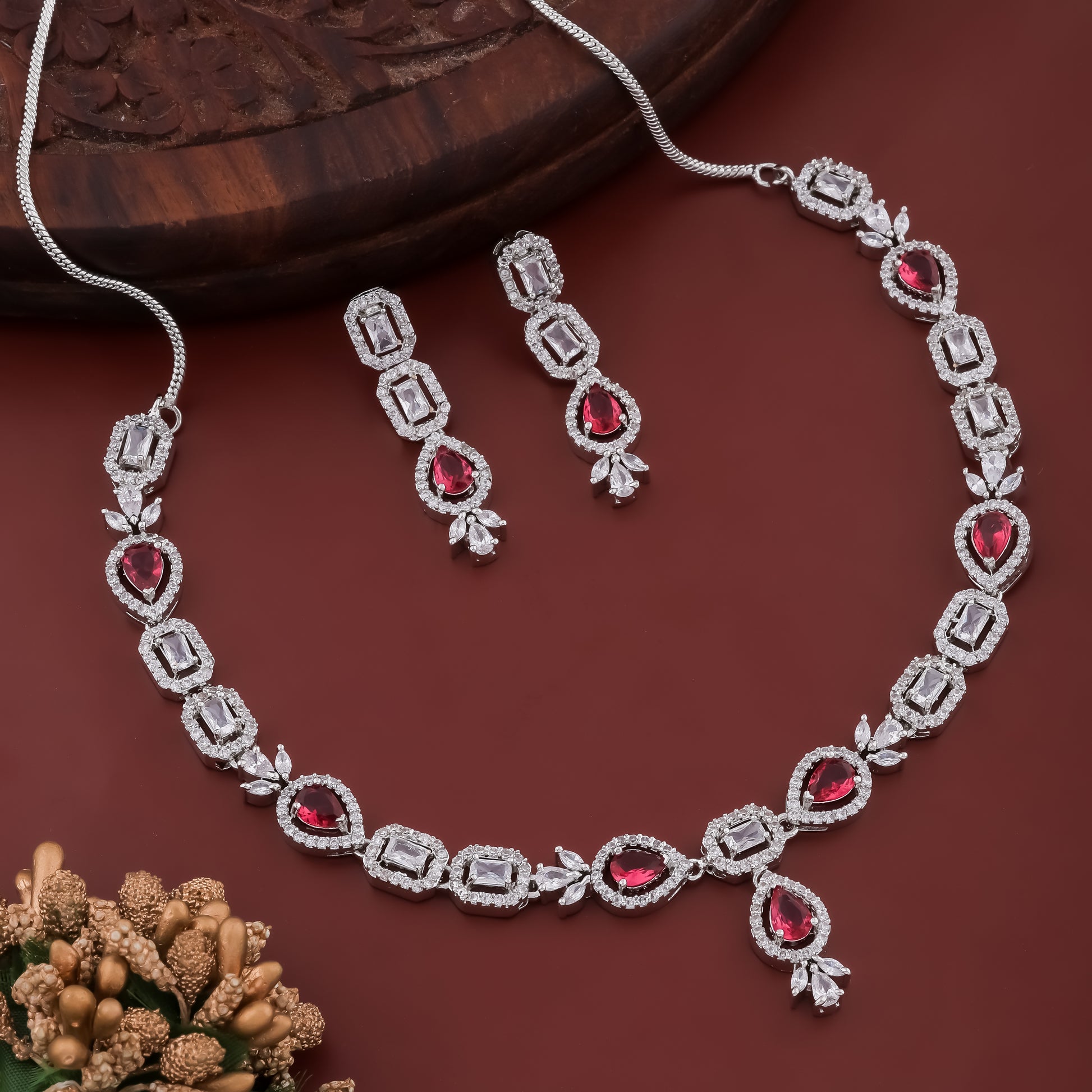 Imperial Rhodium Plated Emerald Ruby Red AD Necklace Set