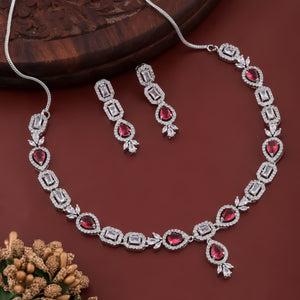 Imperial Rhodium Plated Emerald Ruby Red AD Necklace Set