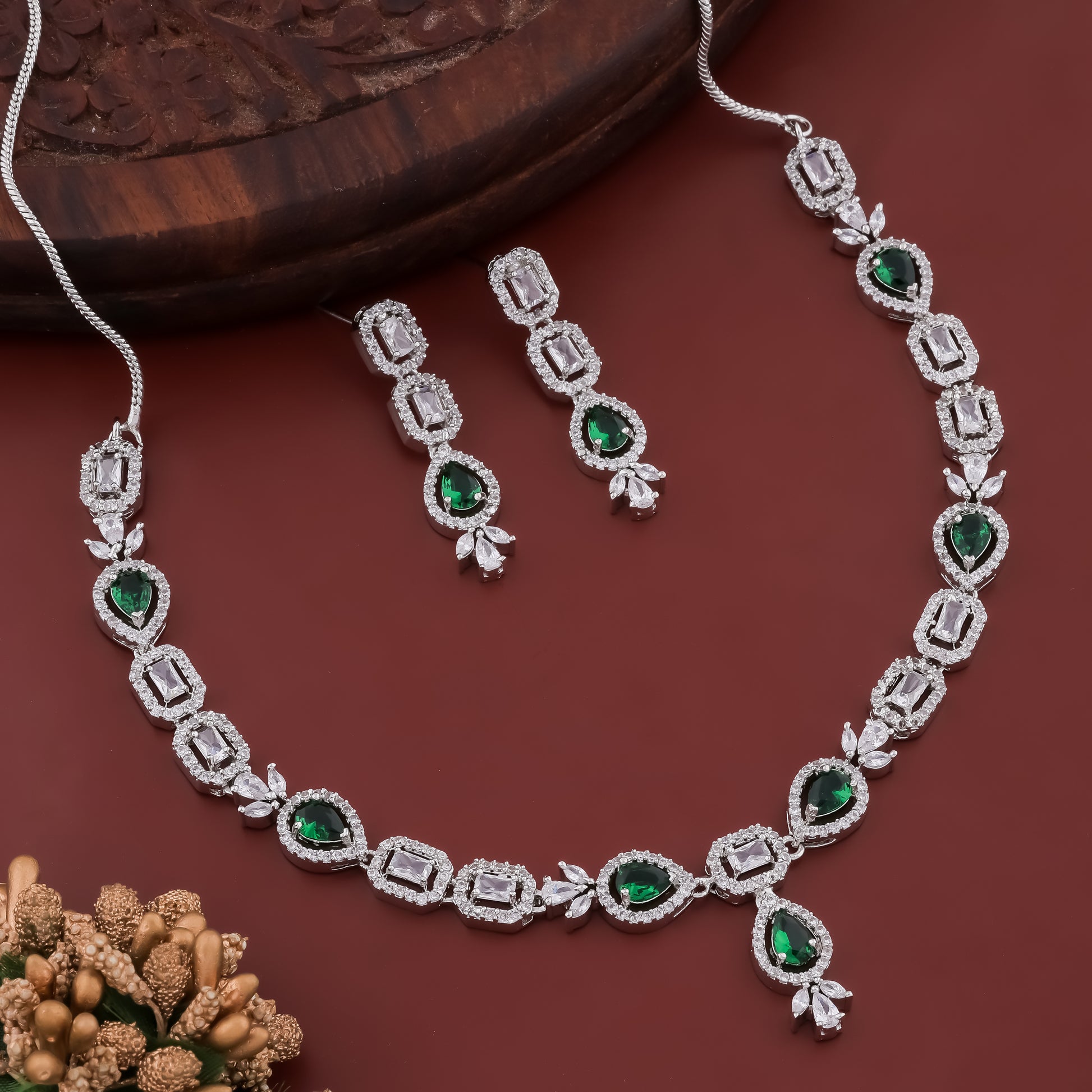 Imperial Rhodium Plated Green Emerald AD Necklace Set