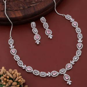 Imperial Rhodium Plated Pink Emerald AD Necklace Set