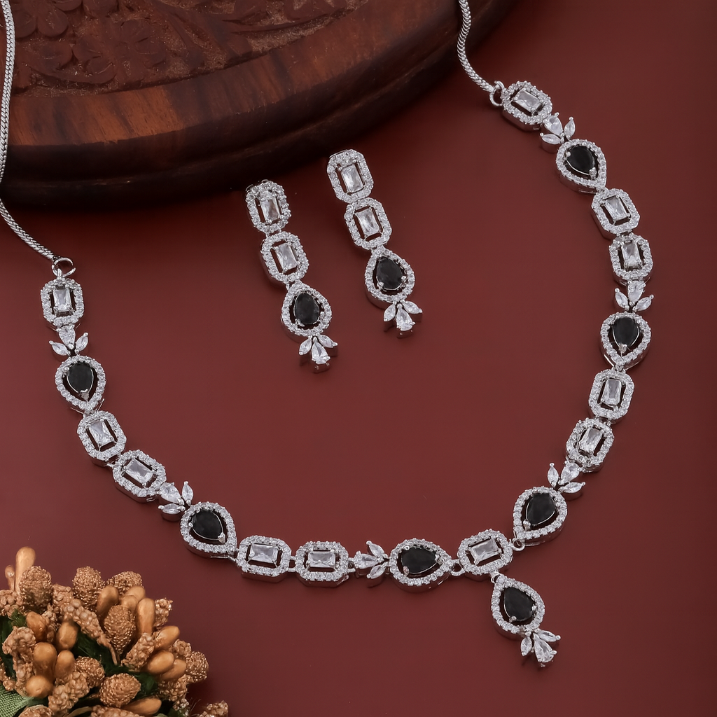 Imperial Rhodium Plated Balck Emerald AD Necklace Set