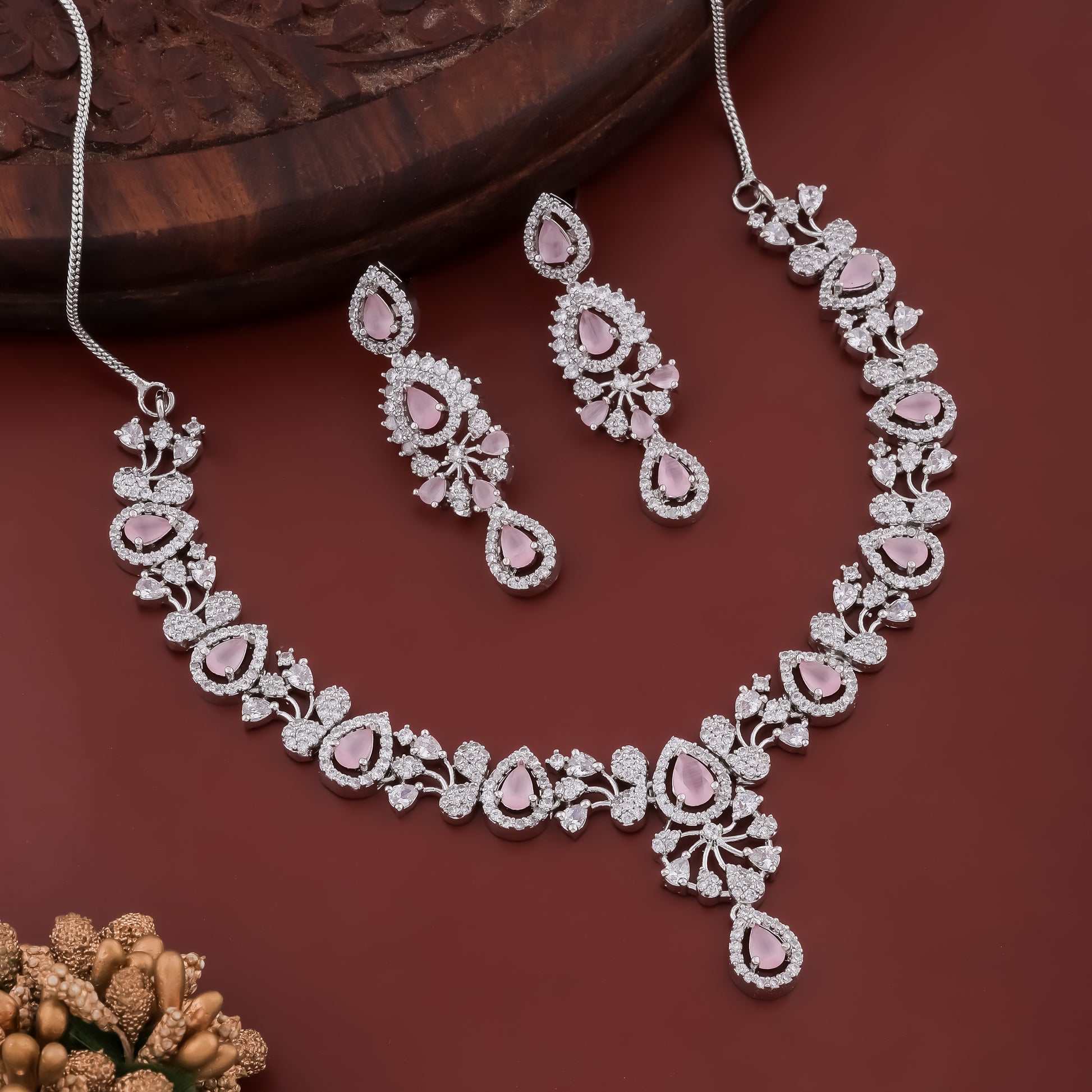 Voguish Rhodium Pink Emerald & Cubic Zirconia Studded Necklace Set