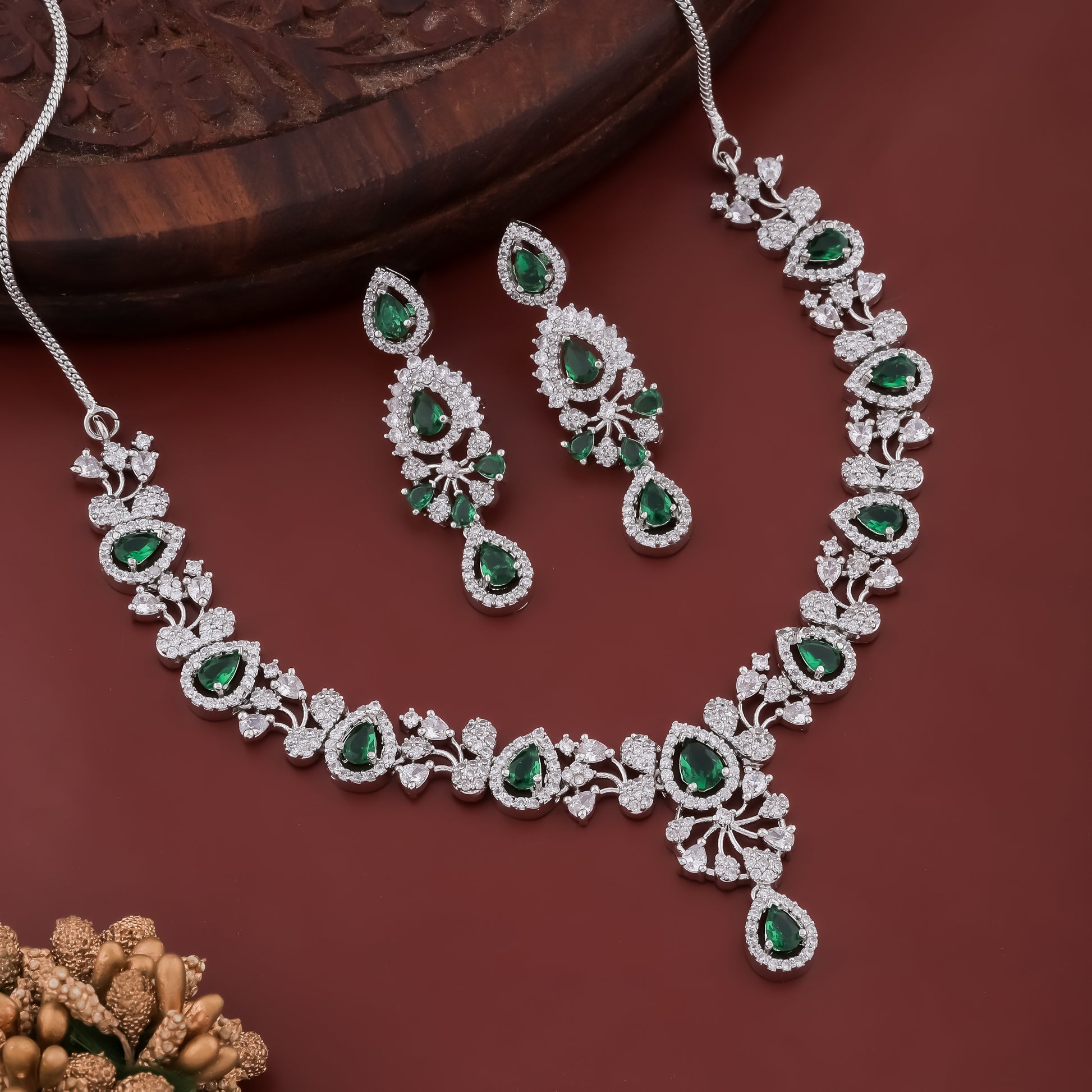 Voguish Rhodium Green Emerald & Cubic Zirconia Studded Necklace Set