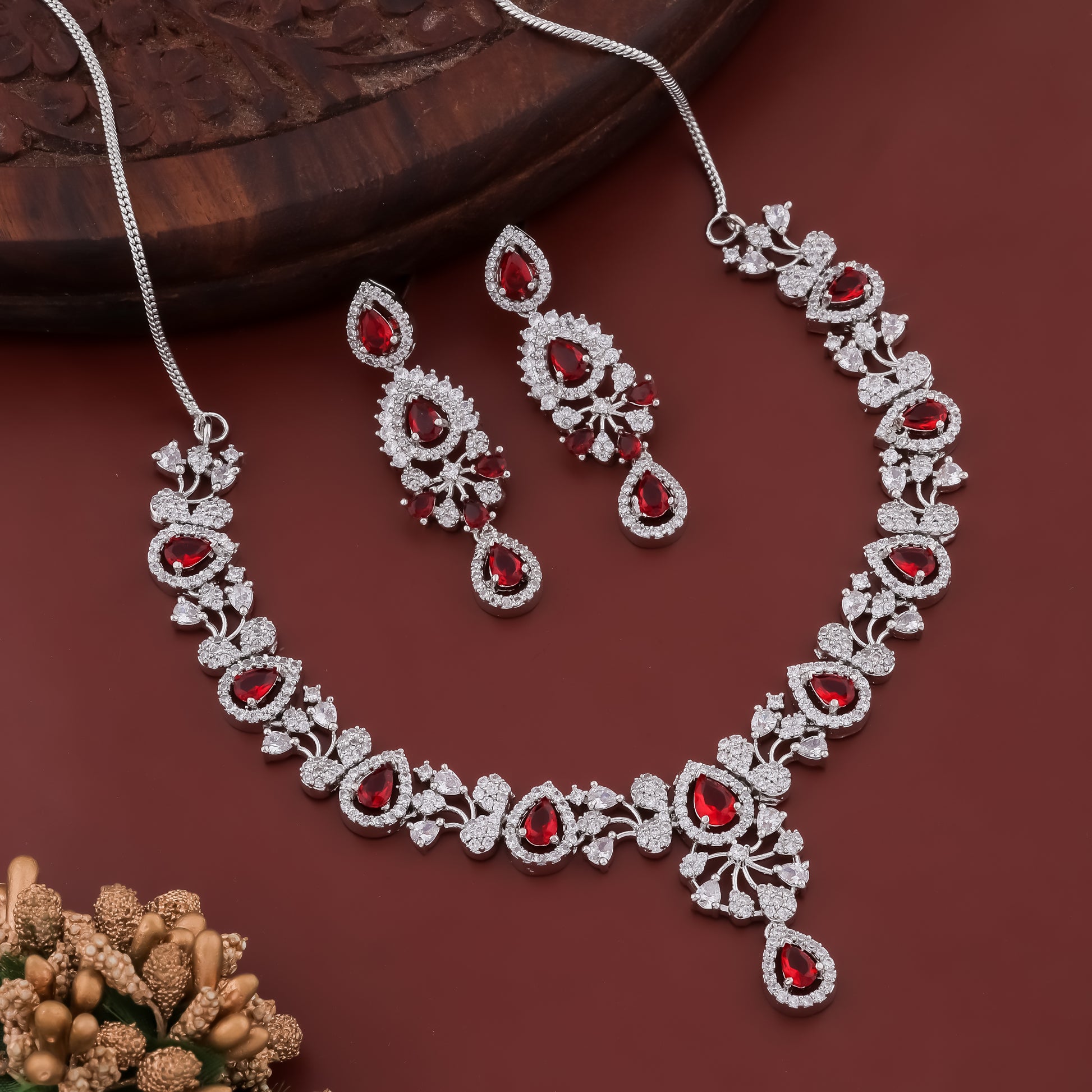 Voguish Rhodium Ruby Red & Cubic Zirconia Studded Necklace Set