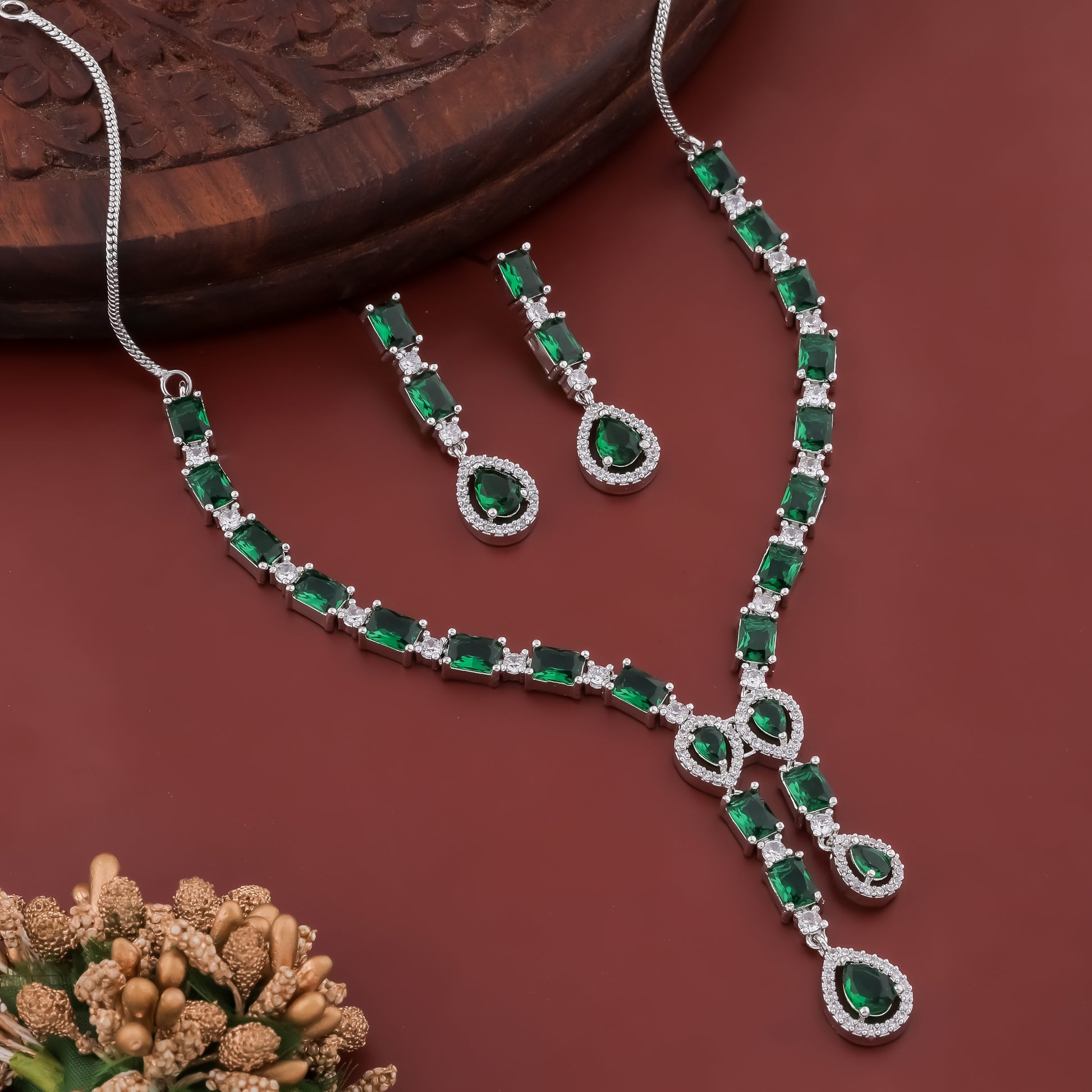 Celestial Rhodium Plated Emerald Green AD Necklace Set