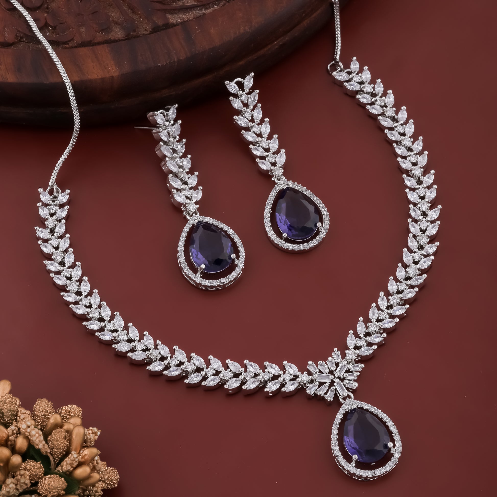 LUX Allure Rhodium Plated Blue Sapphire  AD Necklace Set
