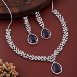 LUX Allure Rhodium Plated Blue Sapphire  AD Necklace Set