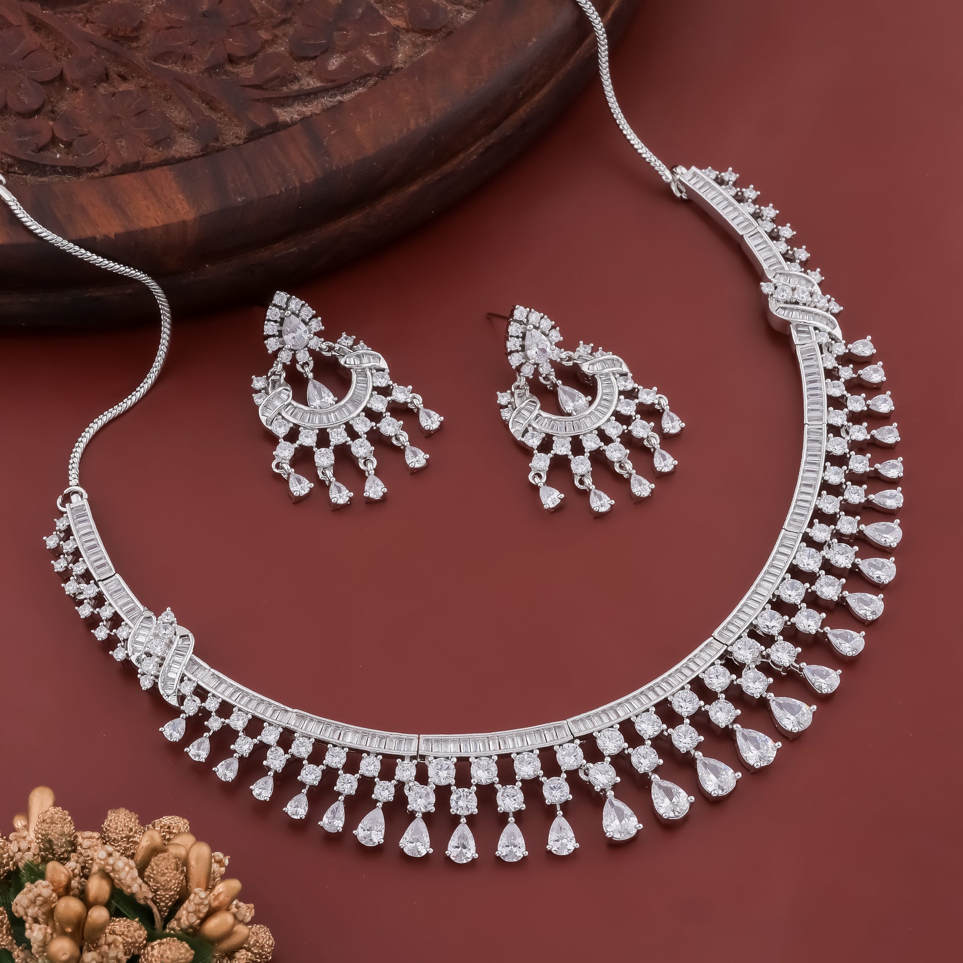 Cubic White Zirconia Studded Handcrafted Rhodium Plated Statement AD Necklace Set
