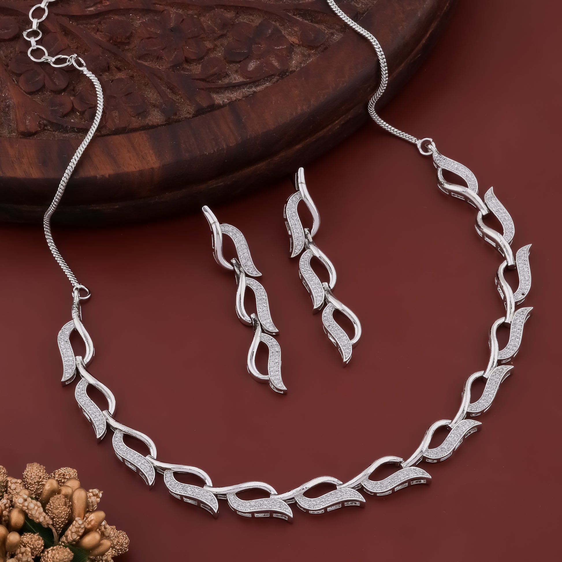 Treasures Zirconia Studded Handcrafted Rhodium Plated Statement AD Necklace Set