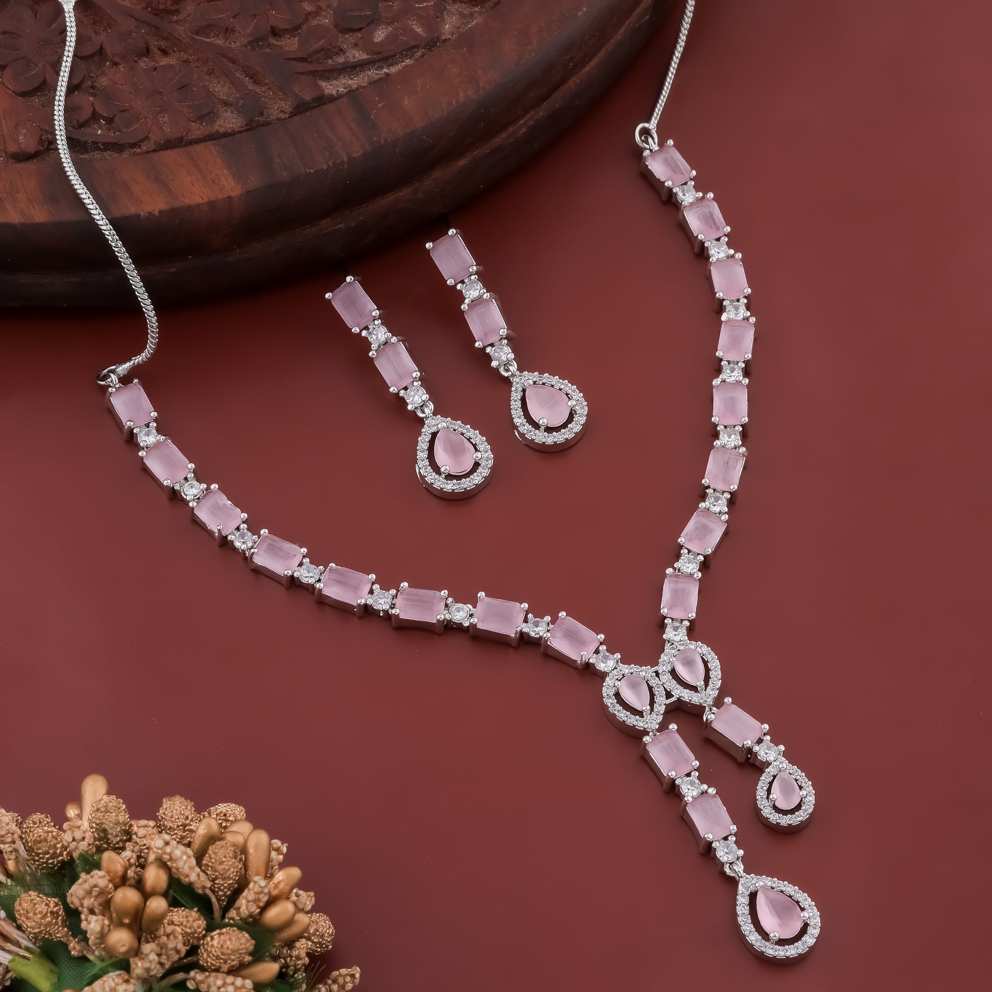Celestial Pink Twilight Rhodium Plated AD Necklace Set