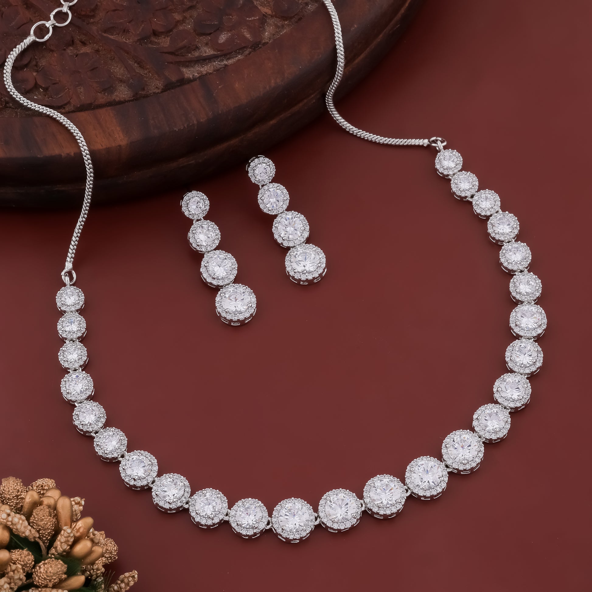 Rhodium Plated AD & Cubic Zirconia Studded Luxurious Necklace Set