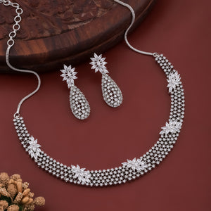 Droplet Zirconia Studded Handcrafted Rhodium Plated Statement AD Necklace Set