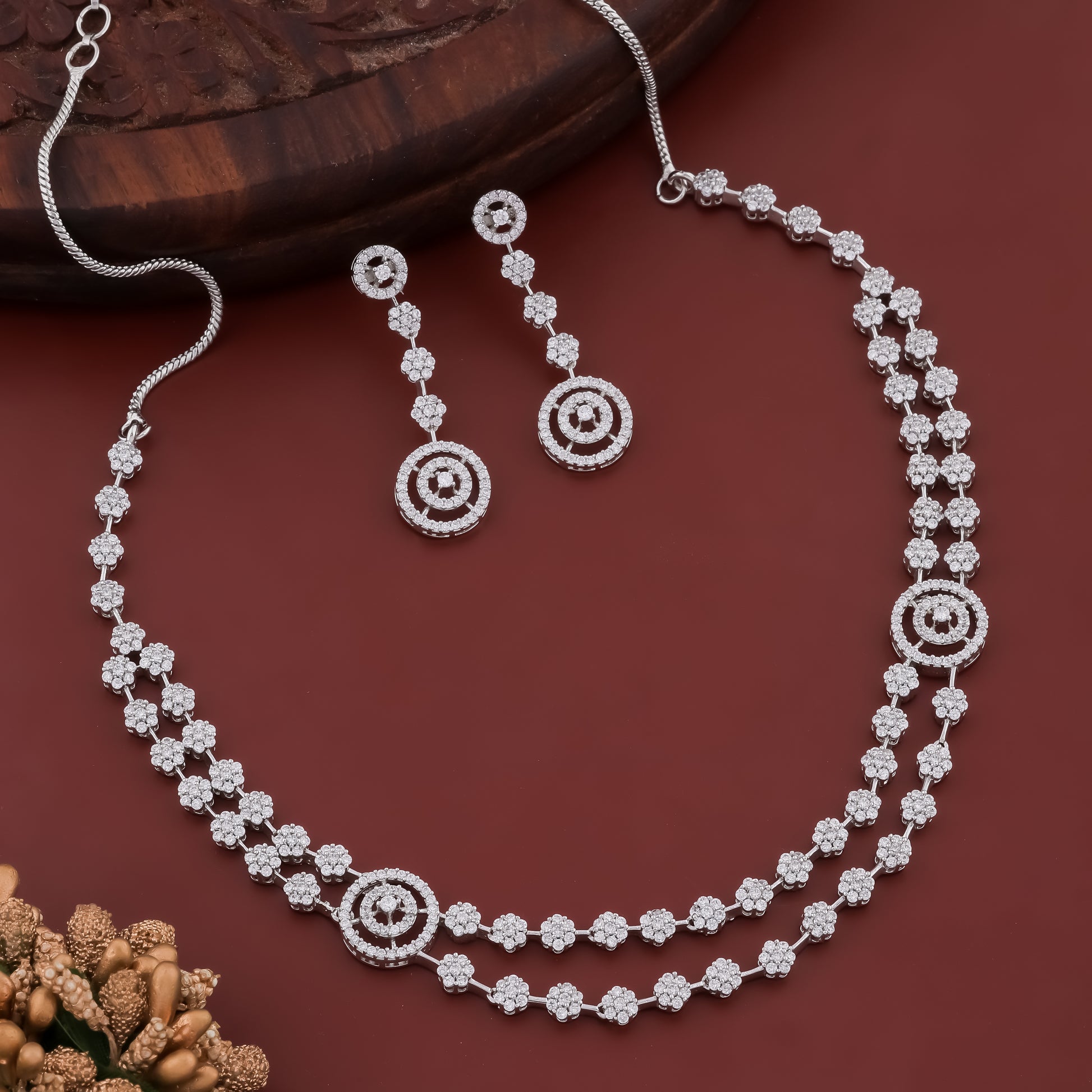 Double Layered Zirconia Studded Handcrafted Rhodium Plated Statement AD Necklace Set