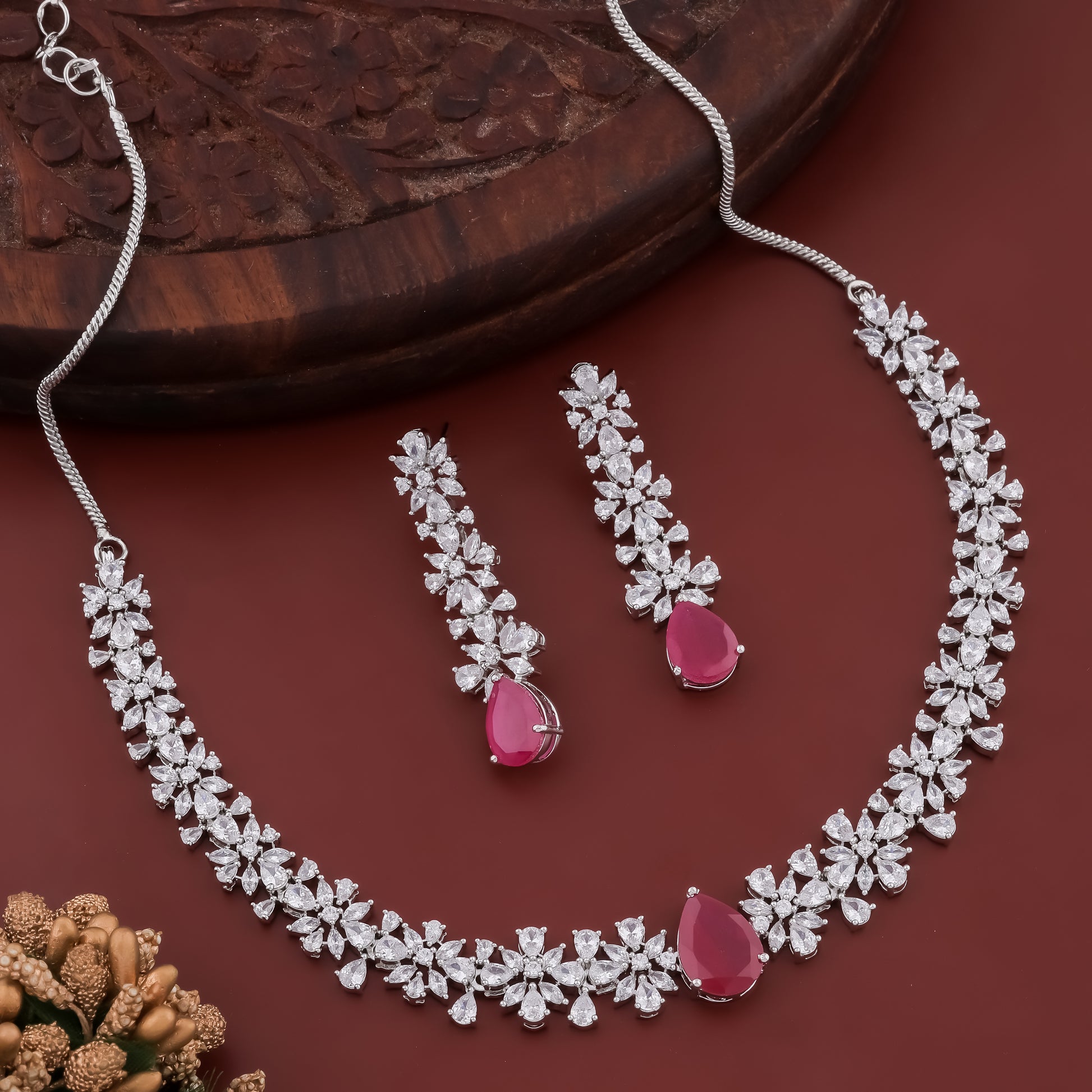 Cinque Rose Red Zirconia Studded Rhodium Plated AD Necklace Set