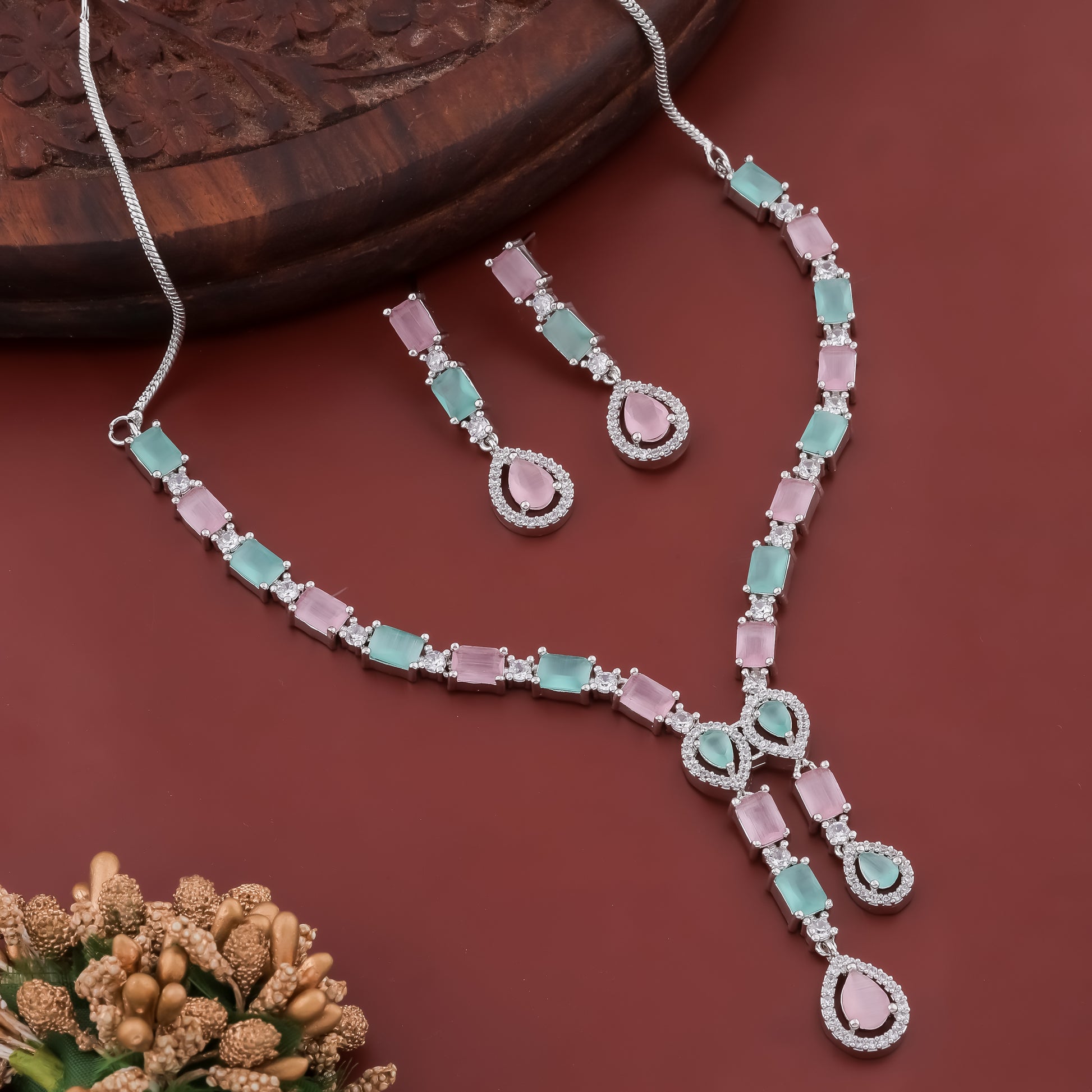 Celestial Rhodium Plated Mint Green AD Necklace Set