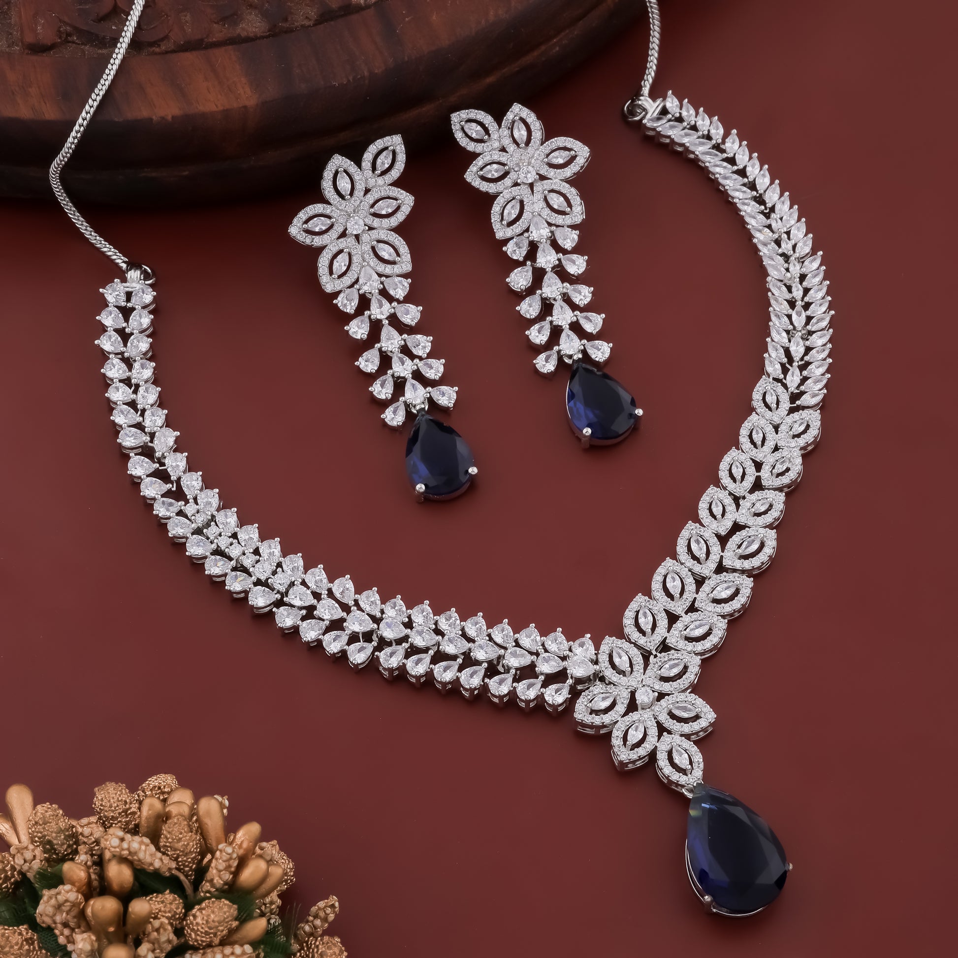 Serene Rhodium Plated Blue Sapphire Luxurious AD Necklace Set