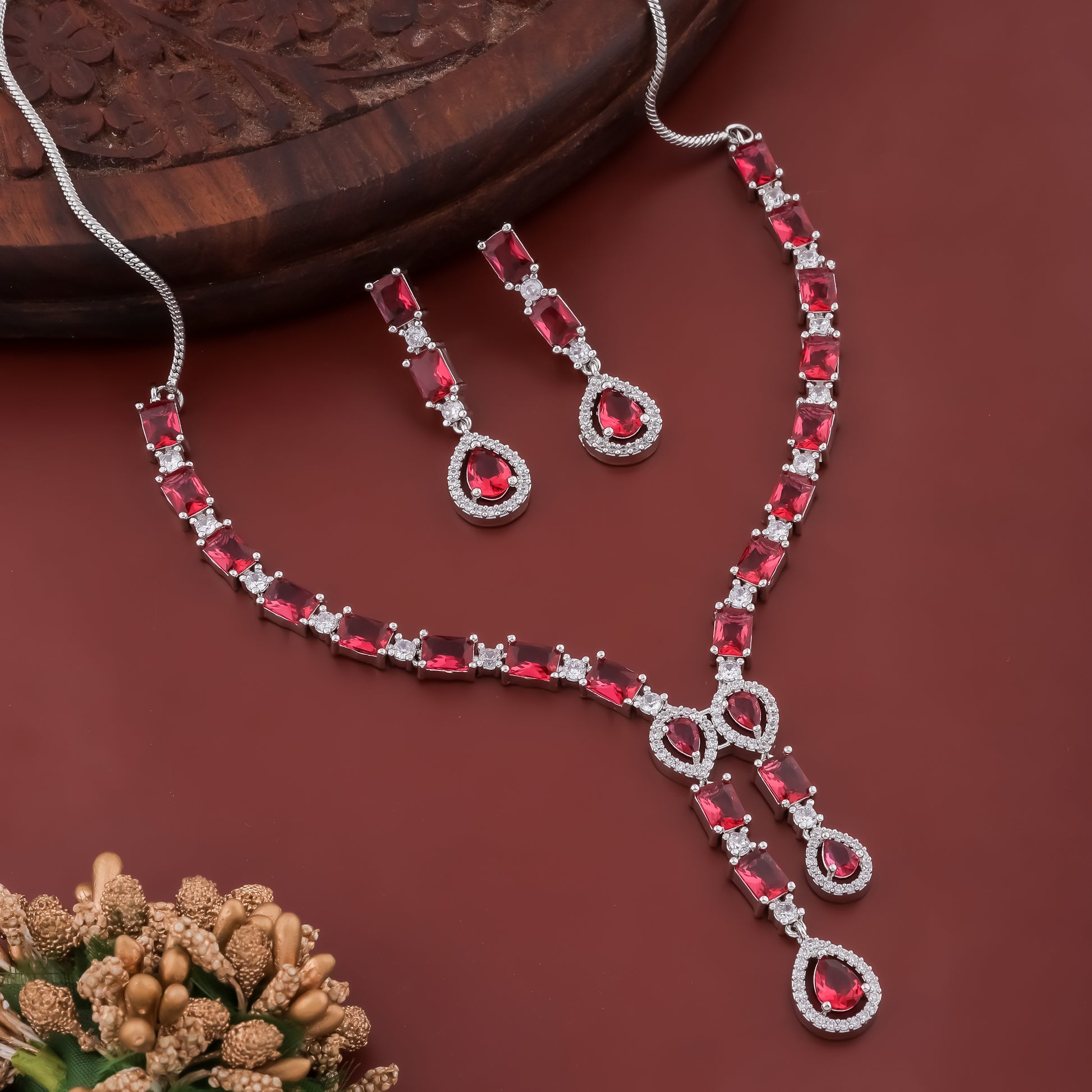 Celestial Rhodium Plated Royal Red AD Necklace Set