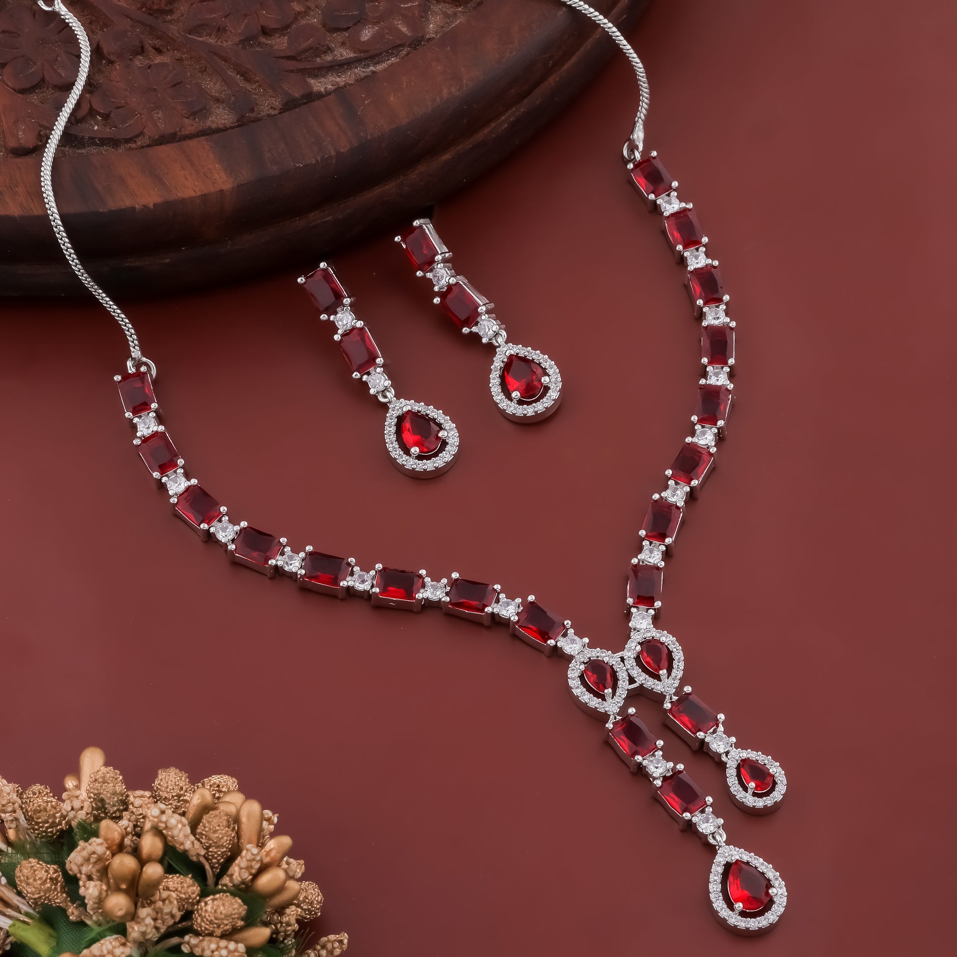 Celestial Rhodium Plated Ruby Red AD Necklace Set