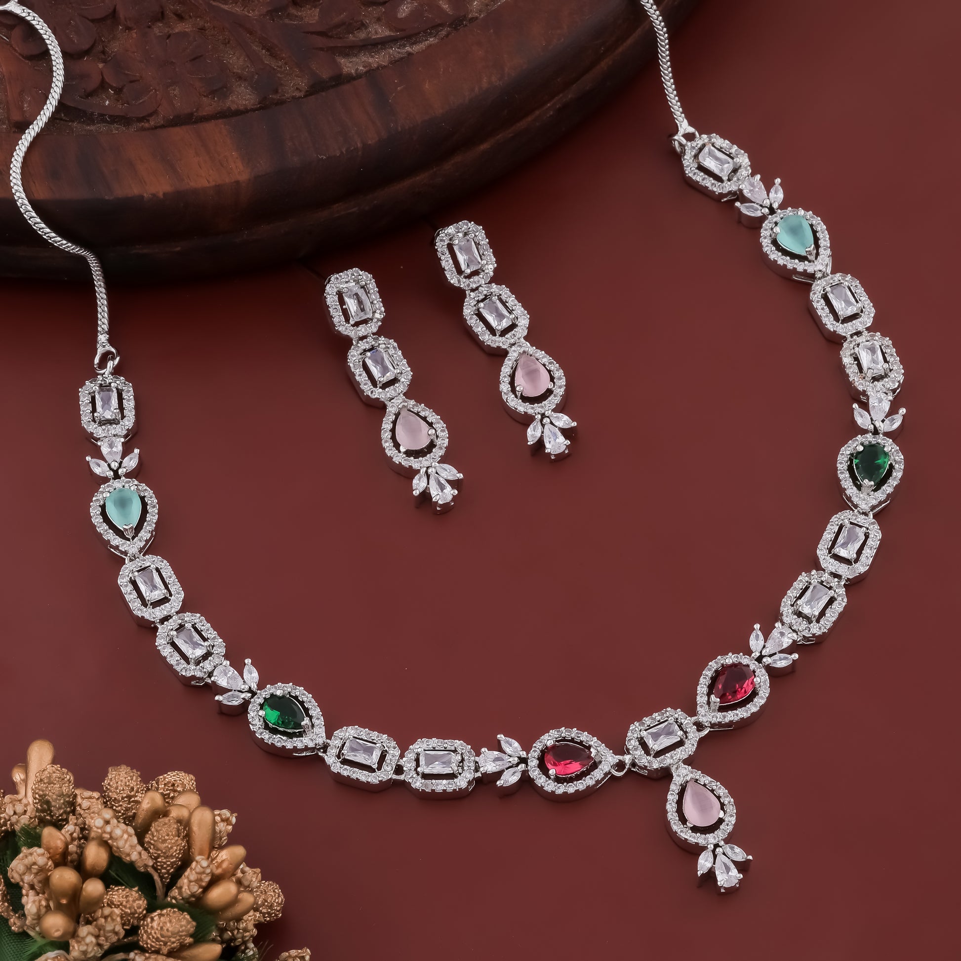 Imperial Rhodium Plated Multicolor Crystal Zirconia Gemstone Necklace Set